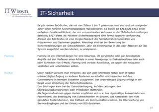 IT-Sicherheit

          Es gibt sieben EAL-Stufen, die mit den Ziffern 1 bis 7 gekennzeichnet sind und mit steigender
          Ziffer einen höheren Sicherheitsstandard repräsentieren. So bietet die EAL-Stufe EAL1 einen
          einfachen Funktionalitätstest, der ein unzureichendes Vertrauen in die IT-Sicherheitsprüfungen
          darstellt; EAL7 bietet als höchster Sicherheitstandard eine formal logische Verifizierung.
          Anhand der EAL-Stufen ist eine Vergleichbarkeit der Sicherheitsfunktionalitäten von
          Programmen und Systemen gegeben. Allerdings sind bei der Bewertung der
          Sicherheitsleistungen die Schwachstellen, über die Eindringlinge in das oder Attacken auf das
          System ausgeführt werden können, zu analysieren.

Flaming   Flaming ist ein Internet-Jargon für eine bösartige, oft persönliche oder gar beleidigende
          Angriffe auf den Verfasser eines Artikels in einer Newsgroup, in Diskussionsforen oder auch
          beim Schreiben von E-Mails. Flaming sind verbale Auswüchse, die gegen die Netiquette
          verstoßen und unterbleiben sollten.


Hacker    Unter Hacker versteht man Personen, die sich über öffentliche Netze oder IP-Netze
          unberechtigten Zugang zu anderen Systemen verschaffen und versuchen auf den
          Datenbestand in fremden Systemen zuzugreifen. Der unberechtigte Zugang erfolgt in der
          Regel unter Umgehung der Sicherheitssysteme.
          Das Eindringen kann bei der Datenübertragung, auf den Leitungen, den
          Übertragungskomponenten oder Protokollen stattfinden.
          Als Gegenmaßnahmen gegen Hacker empfehlen sich u.a. das regelmäßige Auswechseln von
          Passwörtern, die Beseitigung von Schwachstellen im System, das Abschalten von nicht
          genutzten Systemdiensten, das Callback als Kommunikationsroutine, die Überwachung von
          Service-Eingängen und der Einsatz von IDS-Systemen.
                                                                                                           18
 