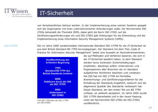 IT-Sicherheit

            von Verantwortlichen betreut werden. In der Implementierung eines solchen Systems spiegelt
            sich die Organisation mit ihren unternehmerischen Anforderungen wider. Die Normenreihe ISO
            2700x behandelt die Thematik ISMS, dabei geht die Norm ISO 27001 auf die
            Zertifizierungsanforderungen ein und ISO 27003 gibt Anleitungen für die Entwicklung und die
            Implementierung eines Information Security Management Systems (ISMS).


ISO 17799   Der im Jahre 2000 verabschiedete internationale Standard ISO 17799 für die IT-Sicherheit ist
            aus dem British Standard BS 7799 hervorgegangen. Der Standard mit dem Titel „Code of
            Practice for Information Security Management“ bietet eine Auswahl an Kontrollmechanismen,
                                                   die auf Methoden und Verfahren basieren, die sich in
                                                   der IT-Sicherheit bewährt haben. In dem Standard
                                                   werden keine konkreten Sicherheitslösungen
                                                   empfohlen; allerdings sollten Unternehmen und
                                                   Organisationen aller Branchen die im Standard
                                                   aufgeführten Richtlinien beachten und umsetzen.
                                                   Die ISO hat mit ISO 17799 ein formelles
                                                   Anerkennungs- und Zertifizierungsverfahren für die
                                                   Einhaltung der Standards eingeführt, wodurch sich die
                                                   allgemeine Qualität des Standards verbessert hat.
                                                   Dieser Standard, der den ersten Teil von BS 7799
                                                   umfasst, ist weltweit akzeptiert. Im Jahre 2005 wurde
                                                   ISO 17799 überarbeitet und in der neuen Fassung
            Vom BS 7799 über die ISO 17799         unter der Normenreihe ISO 2700x als ISO 27002
            zur ISO 27002                          veröffentlicht.
                                                                                                           24
 