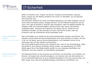 IT-Sicherheit

                           zählen im Einzelnen Viren, Trojaner und Würmer, Flooding und DoS-Attacken, Spyware,
                           Spams, Hoaxes usw. Bei Malware handelt es sich immer um Aktivitäten, die vom Benutzer
                           nicht erwünscht sind.
                           Die technischen Verfahren mit denen die Malware-Aggressoren ihre Opfer ausspähen sind auf
                           einem hohen technischen Niveau. Gängige Antiviren- und Anti-Malware-Programme sind auf
                           nicht in der Lage die Angriffe zu erkennen oder aufzuspüren. Wenn die Malware-Angriffe ihre
                           Aufgaben erfüllt und Konstruktionspläne, Kontennummern oder andere Informationen
                           ausgespäht haben, verwischen die Programme ihre eigenen Spuren. Häufig kann der
                           entstandene Schaden und das Eindringen erst dann rekonstruiert werden, wenn der
                           Privatmann oder das Unternehmen bereits geschädigt wurde.


Man-in-the-Middle-         Man-in-the-Middle ist ein Angriff auf den Kommunikationskanal zwischen zwei Partnern. Der
Angriff                    Angreifer versucht dabei den Kommunikationskanal unter seine Kontrolle zu bringen, und zwar
man-in-the-middle attack   in der Art und Weise, dass die Kommunikationspartner nicht feststellen können ob sie
                           miteinander oder mit dem Angreifer kommunizieren.
                           Man-in-the-Middle-Angriffe können dann erfolgreich sein, wenn für die Verschlüsselung Public-
                           Key-Verfahren ohne signierte Zertifikate benutzt werden, wie beispielsweise bei HTTPS.
                           Abhilfe gegen Man-in-the-Middle-Angriffe schafft nur eine eindeutige Identifikation der
                           Teilnehmer, ohne dem Angreifer die Identifikation preiszugeben.


Netzwerksicherheit         Die Netzwerksicherheit ist eine Symbiose aus Richtlinien und Vorschriften, aus Produkten und
network security           Diensten. Sie tangiert alle Unternehmensebenen, vom Benutzer über den Administrator bis
                           hin zur Unternehmensführung. Es ist ein Maßnahmenkatalog in Form einer Security Policy, die
                           dafür sorgen muss, dass die Zugriffsberechtigung, Autorisierung, Identifikation und
                                                                                                                           28
 