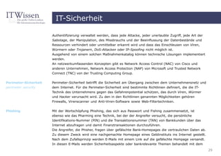IT-Sicherheit

                       Authentifizierung verwaltet werden, dass jede Attacke, jeder unerlaubte Zugriff, jede Art der
                       Sabotage, der Manipulation, des Missbrauchs und der Beeinflussung der Datenbestände und
                       Ressourcen verhindert oder unmittelbar erkannt wird und dass das Einschleusen von Viren,
                       Würmern oder Trojanern, DoS-Attacken oder IP-Spoofing nicht möglich ist.
                       Ausgehend von einem solchen Maßnahmenkatalog können technische Lösungen implementiert
                       werden.
                       An netzwerkumfassenden Konzepten gibt es Network Access Control (NAC) von Cisco und
                       anderen Unternehmen, Network Access Protection (NAP) von Microsoft und Trusted Network
                       Connect (TNC) von der Trusting Computing Group.

Perimeter-Sicherheit   Perimeter-Sicherheit betrifft die Sicherheit am Übergang zwischen dem Unternehmensnetz und
perimeter security     dem Internet. Für die Perimeter-Sicherheit sind bestimmte Richtlinien definiert, die die IT-
                       Technik des Unternehmens gegen das Gefahrenpotential schützen, das durch Viren, Würmer
                       und Hacker verursacht wird. Zu den in den Richtlinien genannten Möglichkeiten gehören
                       Firewalls, Virenscanner und Anti-Viren-Software sowie Web-Filtertechniken.


Phishing               Mit der Wortschöpfung Phishing, das sich aus Passwort und Fishing zusammensetzt, ist
                       ebenso wie das Pharming eine Technik, bei der der Angreifer versucht, die persönliche
                       Identifikations-Nummer (PIN) und die Transaktionsnummer (TAN) von Bankkunden über das
                       Internet abzufragen und damit Finanztransaktionen durchzuführen.
                       Die Angreifer, die Phisher, fragen über gefälschte Bank-Homepages die vertraulichen Daten ab.
                       Zu diesem Zweck wird eine nachgemachte Homepage eines Geldinstituts ins Internet gestellt.
                       Nach dem Zufallsprinzip werden E-Mails mit einem Link auf die gefälschte Hompage versandt.
                       In diesen E-Mails werden Sicherheitsaspekte oder bankrelevante Themen behandelt mit dem
                                                                                                                       29
 