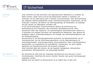 IT-Sicherheit

Sicherheit                 Unter Sicherheit sind alle technischen und organisatorischen Maßnahmen zu verstehen die
security                   Daten schützen. Dieser Schutz wird bei den Bedienenden realisiert, in Systemen und
                           Computern, bei der Übertragung sowie in Diensten und Anwendungen. Unter Berücksichtigung
                           des möglichen Gefährdungspotentials werden Sicherheitsmechanismen implementiert, die das
                           Eindringen in Systeme, das Abhören der Übertragungswege, die Manipulation, die Sabotage
                           und das Löschen von Datensätzen verhindern soll.
                           Zu den personenbezogenen Schutzmechanismen gehören die Autorisierung und
                           Authentifizierung durch Passwörter oder persönlicher Identifikationsnummer (PIN),
                           biometrische Daten oder Signaturen. Die systembezogenen Sicherheitskriterien gehören zur
                           IT-Sicherheit und umfassen technische und organisatorische Maßnahmen. Dazu gehören die
                           Installation eigener Sicherheitsarchitekturen mit Firewalls, das Sicherheitsmanagement und
                           die Schlüsselverwaltung.
                           Kennzeichnend für die übertragungstechnische Sicherheit, die Netzwerksicherheit und die
                           Internetsicherheit, sind die Verschlüsselungsverfahren und die Datenübertragung mit
                           Sicherheitsprotokollen. Anwendungsorientierte Schutzmaßnahmen haben branchenspezifische
                           Eigenschaften, wie beispielsweise bei geschäftlichen Transaktionen, bei denen digitale
                           Signaturen und Transaktionsnummern die Sicherheit verbessern.
                           Unter Sicherheit fallen alle Kriterien, die die Integrität, Verfügbarkeit, Vertraulichkeit,
                           Verbindlichkeit, Betriebssicherheit und Authentizität betreffen.


Sicherheits-ID             Die Sicherheits-ID (SID) dient der eindeutigen Identifizierung eines Benutzer in einem
SID, security identifier   Sicherheitssystem. Sicherheits-IDs können einzelnen Personen oder ganzen Benutzergruppen
                           zugewiesen werden.
                           Bedingt durch die Vielzahl an Benutzernamen ist es möglich dass im Netz viele
                                                                                                                         35
 