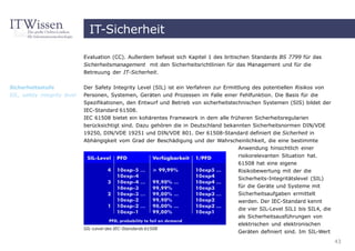 IT-Sicherheit

                              Evaluation (CC). Außerdem befasst sich Kapitel 1 des britischen Standards BS 7799 für das
                              Sicherheitsmanagement mit den Sicherheitsrichtlinien für das Management und für die
                              Betreuung der IT-Sicherheit.


Sicherheitsstufe              Der Safety Integrity Level (SIL) ist ein Verfahren zur Ermittlung des potentiellen Risikos von
SIL, safety integrity level   Personen, Systemen, Geräten und Prozessen im Falle einer Fehlfunktion. Die Basis für die
                              Spezifikationen, den Entwurf und Betrieb von sicherheitstechnischen Systemen (SIS) bildet der
                              IEC-Standard 61508.
                              IEC 61508 bietet ein kohärentes Framework in dem alle früheren Sicherheitsregularien
                              berücksichtigt sind. Dazu gehören die in Deutschland bekannten Sicherheitsnormen DIN/VDE
                              19250, DIN/VDE 19251 und DIN/VDE 801. Der 61508-Standard definiert die Sicherheit in
                              Abhängigkeit vom Grad der Beschädigung und der Wahrscheinlichkeit, die eine bestimmte
                                                                                    Anwendung hinsichtlich einer
                                                                                        risikorelevanten Situation hat.
                                                                                        61508 hat eine eigene
                                                                                        Risikobewertung mit der die
                                                                                        Sicherheits-Integritätslevel (SIL)
                                                                                        für die Geräte und Systeme mit
                                                                                        Sicherheitsaufgaben ermittelt
                                                                                        werden. Der IEC-Standard kennt
                                                                                        die vier SIL-Level SIL1 bis SIL4, die
                                                                                        als Sicherheitsausführungen von
                                                                                        elektrischen und elektronischen
                              SIL-Level des IEC-Standards 61508
                                                                                        Geräten definiert sind. Im SIL-Wert
                                                                                                                                43
 