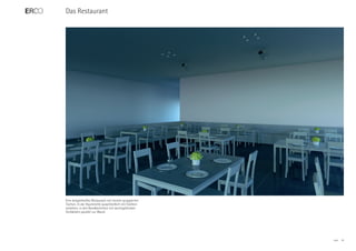 Das Restaurant




Eine beispielhaftes Restaurant mit einzeln gruppierten
Tischen. In der Raummitte ausschließlich mit Stühlen
versehen, in den Randbereichen mit durchgehenden
Sitzbänken parallel zur Wand.




                                                         ERCO   16
 