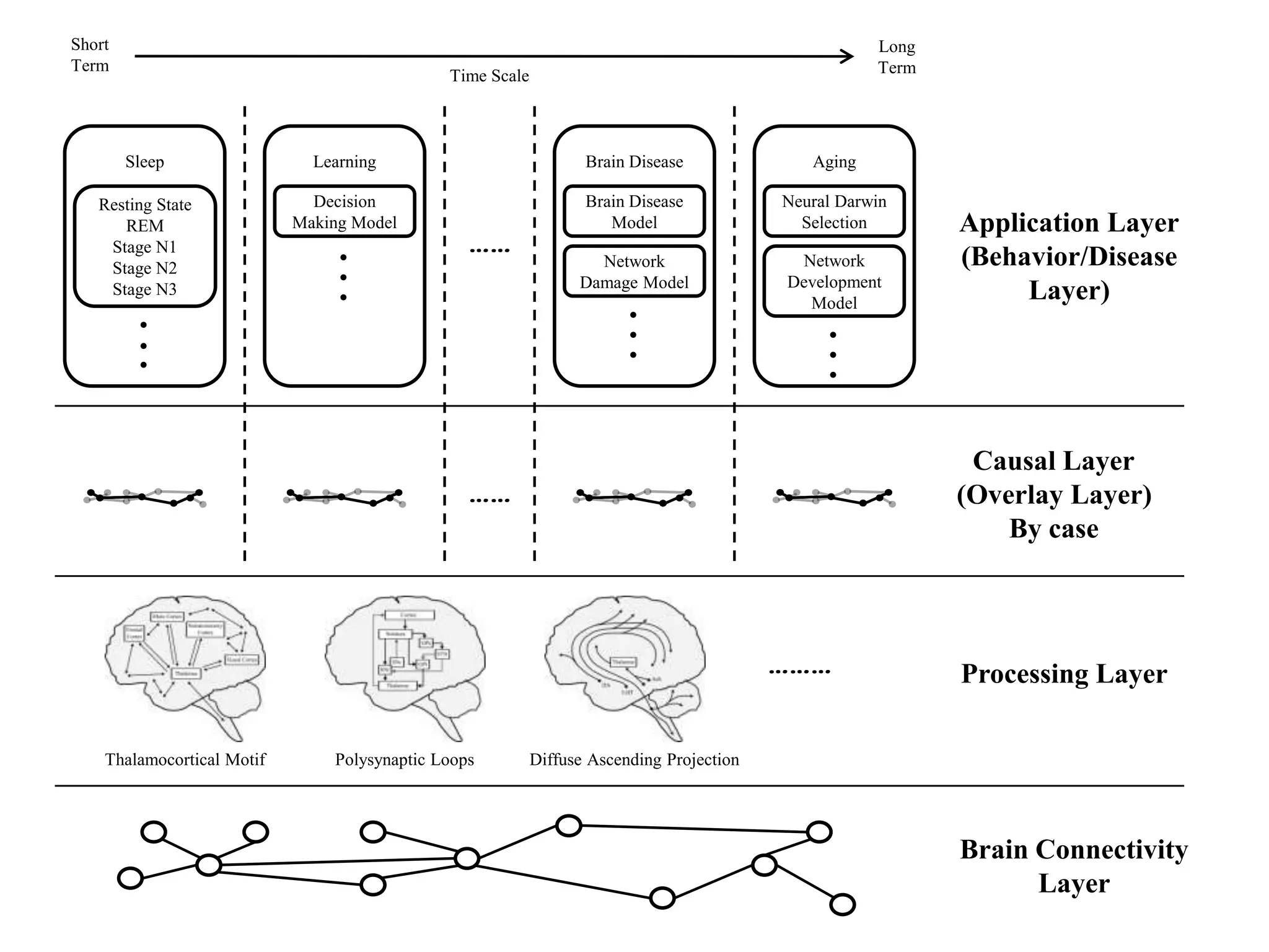 Short                                                                                                Long
Term                                                                                                 Term
                                              Time Scale



        Sleep                 Learning                            Brain Disease              Aging

   Resting State              Decision                            Brain Disease           Neural Darwin
                            Making Model                             Model                  Selection       Application Layer
                                                 ……
      REM
    Stage N1
    Stage N2                                                       Network                 Network          (Behavior/Disease
                                                                 Damage Model             Development
    Stage N3
                                                                                            Model
                                                                                                                 Layer)




                                                                                                             Causal Layer
                                                 ……                                                         (Overlay Layer)
                                                                                                                By case



                                                                                          ………               Processing Layer

    Thalamocortical Motif       Polysynaptic Loops         Diffuse Ascending Projection




                                                                                                            Brain Connectivity
                                                                                                                  Layer
 