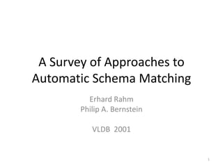 A Survey of Approaches to Automatic Schema Matching Erhard Rahm Philip A. Bernstein VLDB  2001 1 