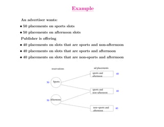 Example

An advertiser wants:
• 50 placements on sports slots
• 50 placements on afternoon slots
Publisher is oﬀering
• 40 placements on slots that are sports and non-afternoon
• 40 placements on slots that are sports and afternoon
• 40 placements on slots that are non-sports and afternoon


                    reservations             ad placements
                                         sports and          40
                                         afternoon

               50    Sports


                                         sports and
                                                             40
                                         non−afternoon


               50 Afternoon

                                         non−sports and      40
                                         afternoon
 