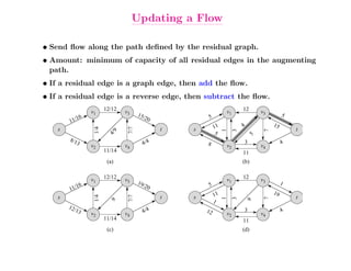 Updating a Flow

• Send ﬂow along the path deﬁned by the residual graph.
• Amount: minimum of capacity of all residual edges in the augmenting
  path.
• If a residual edge is a graph edge, then add the ﬂow.
• If a residual edge is a reverse edge, then subtract the ﬂow.
                 v1     12/12   v3                                      v1       12          v3
                                       15/                                                             5
            16                            20               5
        11/
                                                               11                                 15




                                                                                 4
                  1/4




    s                            7/7              t   s                                                    t




                                                                                              7
                                                                    1
                                                                             3
                           9


                                                               5
                         4/




                                                                                         5
        8/1
           3
                 v2             v4       4/4              8             v2
                                                                                     3
                                                                                             v4
                                                                                                       4
                        11/14                                                    11
                         (a)                                                     (b)


                 v1     12/12   v3                                      v1       12          v3
                                       19/                                                             1
            16                               20            5
        11/
                                                               11                                 19
                  1/4




                                 7/7




    s                                             t   s                                                    t




                                                                                              7
                                                                    1
                                                                             3
                                                               1
                          9




                                                                                     9
        12/
            13
                 v2             v4       4/4              12
                                                                        v2
                                                                                     3
                                                                                             v4
                                                                                                       4
                        11/14                                                    11
                         (c)                                                     (d)
 