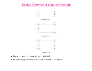 Events Between 2 edge saturations

                          5                       4
                          v                       w

                               saturate (v,w)


                          v                       w


                          5                        6

                           v                      w

                                saturate (w,v)

                          v                       w

                          7                       6
                          v                       w

                                 saturate (v,w)

• Both v and w have to be relabeled.
• So each edge can be saturated at most V /2 times.
 