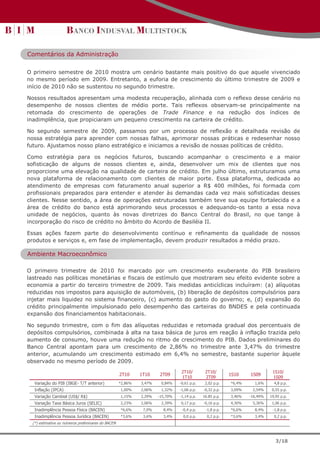 Comentários da Administração

O primeiro semestre de 2010 mostra um cenário bastante mais positivo do que aquele vivenciado
no mesmo período em 2009. Entretanto, a euforia de crescimento do último trimestre de 2009 e
início de 2010 não se sustentou no segundo trimestre.

Nossos resultados apresentam uma modesta recuperação, alinhada com o reflexo desse cenário no
desempenho de nossos clientes de médio porte. Tais reflexos observam-se principalmente na
retomada do crescimento de operações de Trade Finance e na redução dos índices de
inadimplência, que propiciaram um pequeno crescimento na carteira de crédito.

No segundo semestre de 2009, passamos por um processo de reflexão e detalhada revisão de
nossa estratégia para aprender com nossas falhas, aprimorar nossas práticas e redesenhar nosso
futuro. Ajustamos nosso plano estratégico e iniciamos a revisão de nossas políticas de crédito.

Como estratégia para os negócios futuros, buscando acompanhar o crescimento e a maior
sofisticação de alguns de nossos clientes e, ainda, desenvolver um mix de clientes que nos
proporcione uma elevação na qualidade de carteira de crédito. Em julho último, estruturamos uma
nova plataforma de relacionamento com clientes de maior porte. Essa plataforma, dedicada ao
atendimento de empresas com faturamento anual superior a R$ 400 milhões, foi formada com
profissionais preparados para entender e atender às demandas cada vez mais sofisticadas desses
clientes. Nesse sentido, a área de operações estruturadas também teve sua equipe fortalecida e a
área de crédito do banco está aprimorando seus processos e adequando-os tanto a essa nova
unidade de negócios, quanto às novas diretrizes do Banco Central do Brasil, no que tange à
incorporação do risco de crédito no âmbito do Acordo de Basiléia II.

Essas ações fazem parte do desenvolvimento contínuo e refinamento da qualidade de nossos
produtos e serviços e, em fase de implementação, devem produzir resultados a médio prazo.

Ambiente Macroeconômico

O primeiro trimestre de 2010 foi marcado por um crescimento exuberante do PIB brasileiro
lastreado nas políticas monetárias e fiscais de estímulo que mostraram seu efeito evidente sobre a
economia a partir do terceiro trimestre de 2009. Tais medidas anticíclicas incluíram: (a) alíquotas
reduzidas nos impostos para aquisição de automóveis, (b) liberação de depósitos compulsórios para
injetar mais liquidez no sistema financeiro, (c) aumento do gasto do governo; e, (d) expansão do
crédito principalmente impulsionado pelo desempenho das carteiras do BNDES e pela continuada
expansão dos financiamentos habitacionais.

No segundo trimestre, com o fim das alíquotas reduzidas e retomada gradual dos percentuais de
depósitos compulsórios, combinada à alta na taxa básica de juros em reação à inflação trazida pelo
aumento de consumo, houve uma redução no ritmo de crescimento do PIB. Dados preliminares do
Banco Central apontam para um crescimento de 2,86% no trimestre ante 3,47% do trimestre
anterior, acumulando um crescimento estimado em 6,4% no semestre, bastante superior àquele
observado no mesmo período de 2009.
                                                                               2T10/        2T10/                          1S10/
                                                   2T10     1T10    2T09                                1S10    1S09
                                                                               1T10         2T09                           1S09
  Variação do PIB (IBGE- T/T anterior)             *2,86%   3,47%    0,84%    -0,61 p.p.    2,02 p.p.   *6,4%     1,6%      4,8 p.p.
  Inflação (IPCA)                                  1,00%    2,06%    1,32%    -1,06 p.p.   -0,32 p.p.   3,09%    2,54%     0,55 p.p.
  Variação Cambial (US$/ R$)                       1,15%    2,29%   -15,70%   -1,14 p.p.   16.85 p.p.   3,46%   -16,49%   19,95 p.p.
  Variação Taxa Básica Juros (SELIC)               2,23%    2,06%    2,39%    0,17 p.p.    -0,16 p.p.   4,30%    5,36%     1,06 p.p.
  Inadimplência Pessoa Física (BACEN)              *6,6%     7,0%     8,4%     -0,4 p.p.    -1,8 p.p.   *6,6%     8,4%     -1,8 p.p.
  Inadimplência Pessoa Jurídica (BACEN)            *3,6%     3,6%     3,4%      0,0 p.p.     0,2 p.p.   *3,6%     3,4%      0,2 p.p.
 (*) estimativa ou números preliminares do BACEN



                                                                                                                             3/18
 