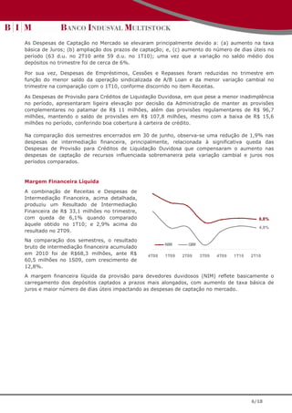 As Despesas de Captação no Mercado se elevaram principalmente devido a: (a) aumento na taxa
básica de Juros; (b) ampliação dos prazos de captação; e, (c) aumento do número de dias úteis no
período (63 d.u. no 2T10 ante 59 d.u. no 1T10); uma vez que a variação no saldo médio dos
depósitos no trimestre foi de cerca de 6%.

Por sua vez, Despesas de Empréstimos, Cessões e Repasses foram reduzidas no trimestre em
função do menor saldo da operação sindicalizada de A/B Loan e da menor variação cambial no
trimestre na comparação com o 1T10, conforme discorrido no item Receitas.

As Despesas de Provisão para Créditos de Liquidação Duvidosa, em que pese a menor inadimplência
no período, apresentaram ligeira elevação por decisão da Administração de manter as provisões
complementares no patamar de R$ 11 milhões, além das provisões regulamentares de R$ 96,7
milhões, mantendo o saldo de provisões em R$ 107,8 milhões, mesmo com a baixa de R$ 15,6
milhões no período, conferindo boa cobertura à carteira de crédito.

Na comparação dos semestres encerrados em 30 de junho, observa-se uma redução de 1,9%            nas
despesas de intermediação financeira, principalmente, relacionada à significativa queda          das
Despesas de Provisão para Créditos de Liquidação Duvidosa que compensaram o aumento              nas
despesas de captação de recursos influenciada sobremaneira pela variação cambial e juros         nos
períodos comparados.



Margem Financeira Líquida

A combinação de Receitas e Despesas de
Intermediação Financeira, acima detalhada,
produziu um Resultado de Intermediação
Financeira de R$ 33,1 milhões no trimestre,
com queda de 6,1% quando comparado                                                           6,8%
àquele obtido no 1T10; e 2,9% acima do
                                                                                             4,9%
resultado no 2T09.
Na comparação dos semestres, o resultado
                                                      NIM      GIM
bruto de intermediação financeira acumulado
em 2010 foi de R$68,3 milhões, ante R$         4T08   1T09   2T09    3T09   4T09   1T10   2T10
60,5 milhões no 1S09, com crescimento de
12,8%.
A margem financeira líquida da provisão para devedores duvidosos (NIM) reflete basicamente o
carregamento dos depósitos captados a prazos mais alongados, com aumento de taxa básica de
juros e maior número de dias úteis impactando as despesas de captação no mercado.




                                                                                          6/18
 