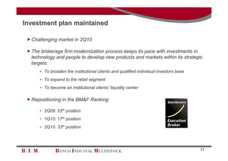 Investment plan maintained

 Challenging market in 2Q10

 The brokerage firm modernization process keeps its pace with investments in
  technology and people to develop new products and markets within its strategic
  targets:
      • To broaden the institutional clients and qualified individual investors base
      • To expand to the retail segment
      • To become an institutional clients’ liquidity center

 Repositioning in the BM&F Ranking

      • 2Q09: 53th position
      • 1Q10: 17th position
      • 2Q10: 33th position




                                                                                       17
 