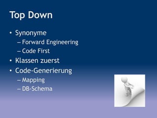Top Down
• Synonyme
– Forward Engineering
– Code First
• Klassen zuerst
• Code-Generierung
– Mapping
– DB-Schema
 