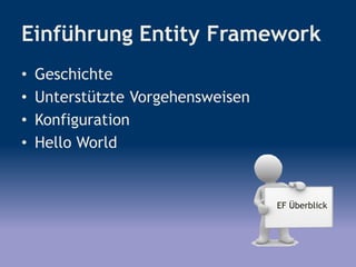 Einführung Entity Framework
• Geschichte
• Unterstützte Vorgehensweisen
• Konfiguration
• Hello World
EF Überblick
 