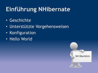 Einführung NHibernate
• Geschichte
• Unterstützte Vorgehensweisen
• Konfiguration
• Hello World
NH Überblick
 