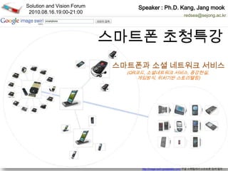 Solution and Vision Forum 2010.08.16.19:00-21:00 Speaker: Ph.D. Kang, Jang mook redsea@sejong.ac.kr 스마트폰 초청특강 스마트폰과소셜 네트워크 서비스 (QR코드, 소셜네트워크 서비스, 증강현실,  게임방식, 위치기반 스토리텔링) http://image-swirl.googlelabs.com/구글스웨럴에서스마트폰 검색 결과 