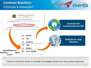 Contexto Brasileiro
    Estímulo à Inovação?



                                                                       Aumento dos
                                                                   investimentos em PDI



                              (+)   Receita
                              (-)   CPV                              Redução da carga
                              (-)   Despesas                            tributária
                              (=)   LAIR
                              (-)   IR/CSLL
    Dedutibilidade dos
                              (=)   Lucro Líquido
dispêndios          (efeito
         “fiscal”)


        Como os incentivos fiscais à Inovação Tecnológica devem ser vistos pelas empresas?

                                                                                          14
 
