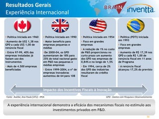 Resultados Gerais
Experiência Internacional


 Política iniciada em 1960           Política iniciada em 1990    Política iniciada em 1954     Política (PDTI) iniciada
                                                                                                  em 1993
Aumento de US$ 1,38 nos              Maior benefício para         Foco em grandes
GPD a cada US$ 1,00 de               empresas pequenas e           empresas                        Foco em grandes
renúncia fiscal                      médias                         A redução de 1% no custo     empresas
 Entre 97-99, 40% das               De 2000-04, os GPD           de P&D proporcionou no          Aumento de R$ 17,39 nos
empresas instaladas já               aumentaram de 18% para        curto prazo um aumento         GPD a cada R$ 1,00 de
faziam uso dos                       25% do total nacional gasto   dos GPD nas empresas de        renúncia fiscal em 11 anos
instrumentos                         em P&D nas pequenas e         0,84% e no longo de 1,5%       de Programa
                                     médias empresas
 Mais de 4.500 empresas                                            Em 1994, cerca de 2%          A renúncia fiscal
beneficiadas                          Entre 1999-2004, o nº de    dos GPD das indústrias         alcançou 17,2% do previsto
                                     empresas inovadoras           resultaram do crédito
                                     aumentou de 64 para 108       fiscal




                                     Impacto dos Incentivos Fiscais à Inovação
Fonte: Avellar, Ana Paula (UFU) - IPEA                                                 GPD - Gastos com Pesquisa e Desenvolvimento


 A experiência internacional demonstra a eficácia dos mecanismos fiscais no estímulo aos
                             investimentos privados em P&D.
                                                                                                                             30
 