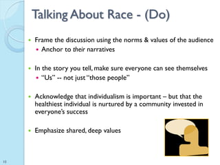 Talking About Race - (Do)
        Frame the discussion using the norms & values of the audience
          Anchor to thei...