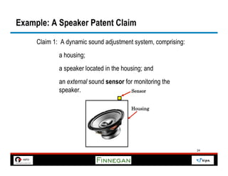Example: A Speaker Patent Claim
     Claim 1: A dynamic sound adjustment system, comprising:
             a housing;
             a speaker located in the housing; and
             an external sound sensor for monitoring the
             speaker.                   Sensor


                                         Housing




                                                               24
 