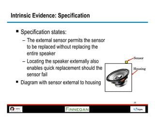 Intrinsic Evidence: Specification

 §  Specification states:
      –  The external sensor permits the sensor
         to be replaced without replacing the
         entire speaker
                                                  Sensor
      –  Locating the speaker externally also
         enables quick replacement should the     Housing

         sensor fail
 §  Diagram with sensor external to housing

                                                  26
 