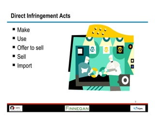 Direct Infringement Acts

§  Make
§  Use
§  Offer to sell
§  Sell
§  Import



                           3
 