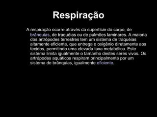 Respiração
A respiração ocorre através da superfície do corpo, de
brânquias, de traquéias ou de pulmões laminares. A maioria
dos artrópodes terrestres tem um sistema de traquéias
altamente eficiente, que entrega o oxigênio diretamente aos
tecidos, permitindo uma elevada taxa metabólica. Este
sistema limita igualmente o tamanho destes seres vivos. Os
artrópodes aquáticos respiram principalmente por um
sistema de brânquias, igualmente eficiente.
 