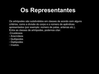 Os Representantes
Os artrópodes são subdivididos em classes de acordo com alguns
critérios, como a divisão do corpo e o número de apêndices
apresentados (por exemplo: número de patas, antenas etc.).
Entre as classes de artrópodes, podemos citar:
-Crustáceos
- Aracnídeos
- Quilópodes
- Diplópodes
- Insetos.
 