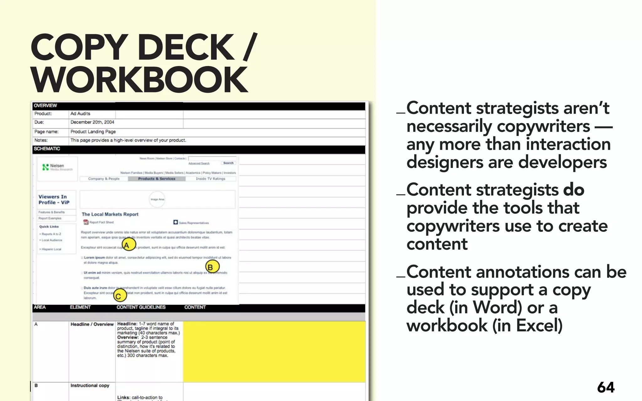 COPY DECK /
WORKBOOK
              _ Content strategists aren’t
                necessarily copywriters —
                any more than interaction
                designers are developers
              _ Content strategists do
                provide the tools that
                copywriters use to create
                content
              _ Content annotations can be
                used to support a copy
                deck (in Word) or a
                workbook (in Excel)


                                      64
 