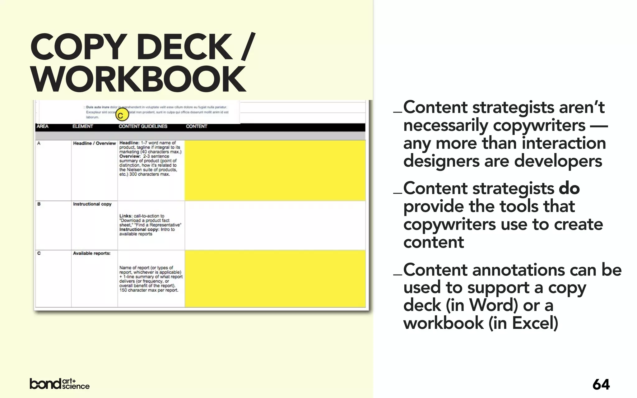 COPY DECK /
WORKBOOK
              _ Content strategists aren’t
                necessarily copywriters —
                any more than interaction
                designers are developers
              _ Content strategists do
                provide the tools that
                copywriters use to create
                content
              _ Content annotations can be
                used to support a copy
                deck (in Word) or a
                workbook (in Excel)


                                      64
 