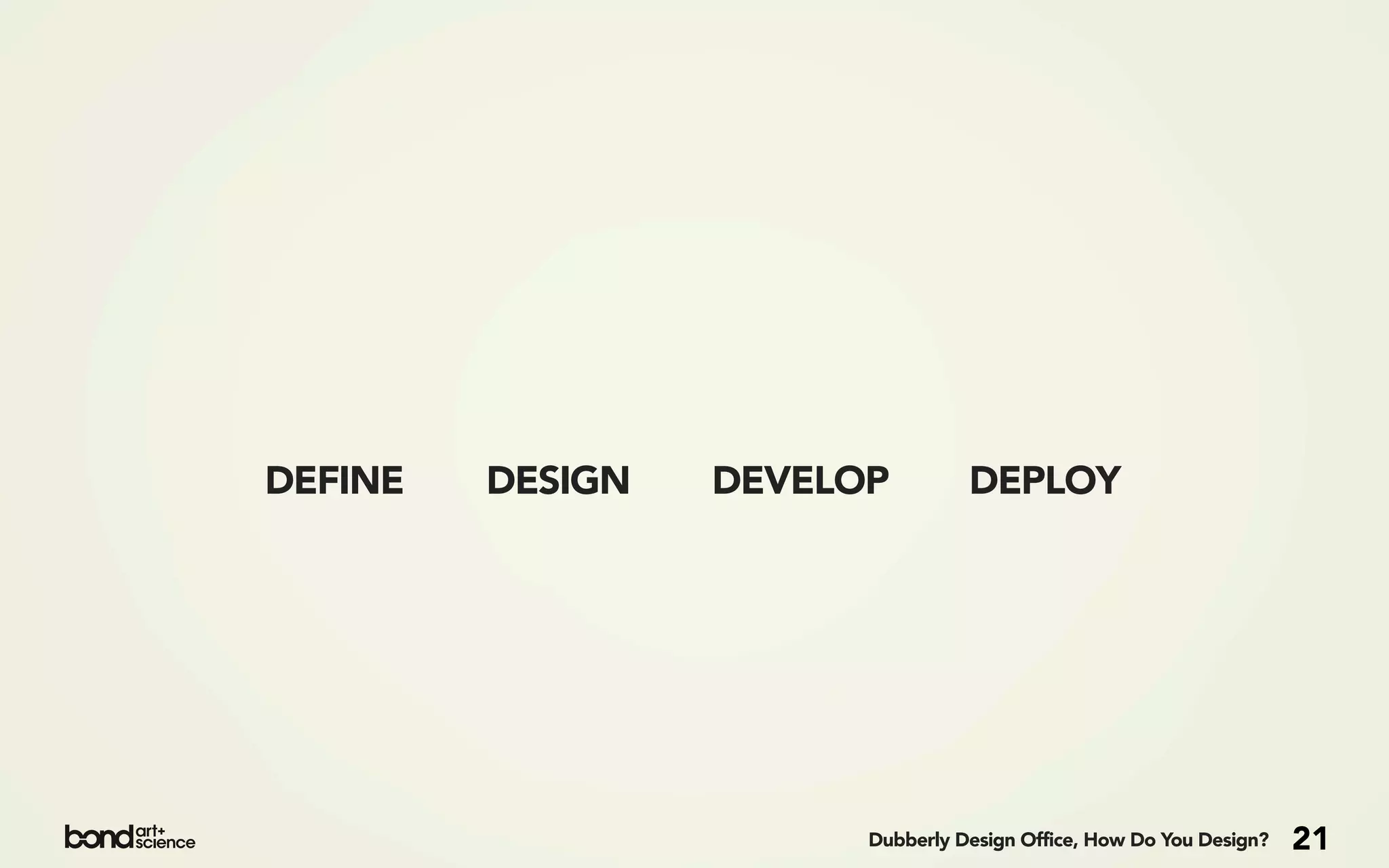 DEFINE   DESIGN   DEVELOP         DEPLOY




                        Dubberly Design Office, How Do You Design?   21
 