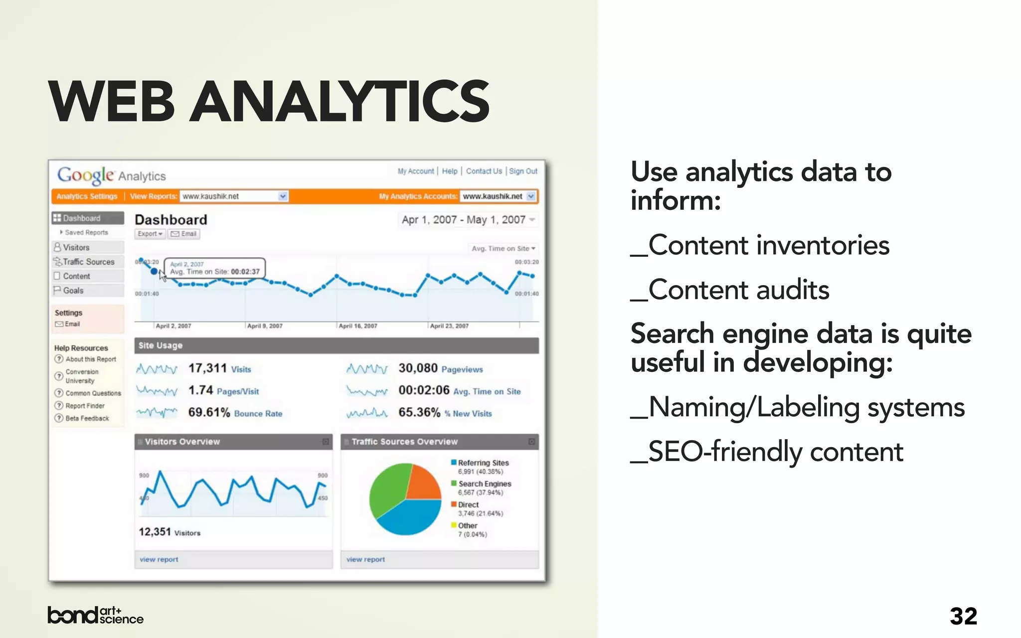 WEB ANALYTICS
                Use analytics data to
                inform:
                _Content inventories
                _Content audits
                Search engine data is quite
                useful in developing:
                _Naming/Labeling systems
                _SEO-friendly content



                                         32
 