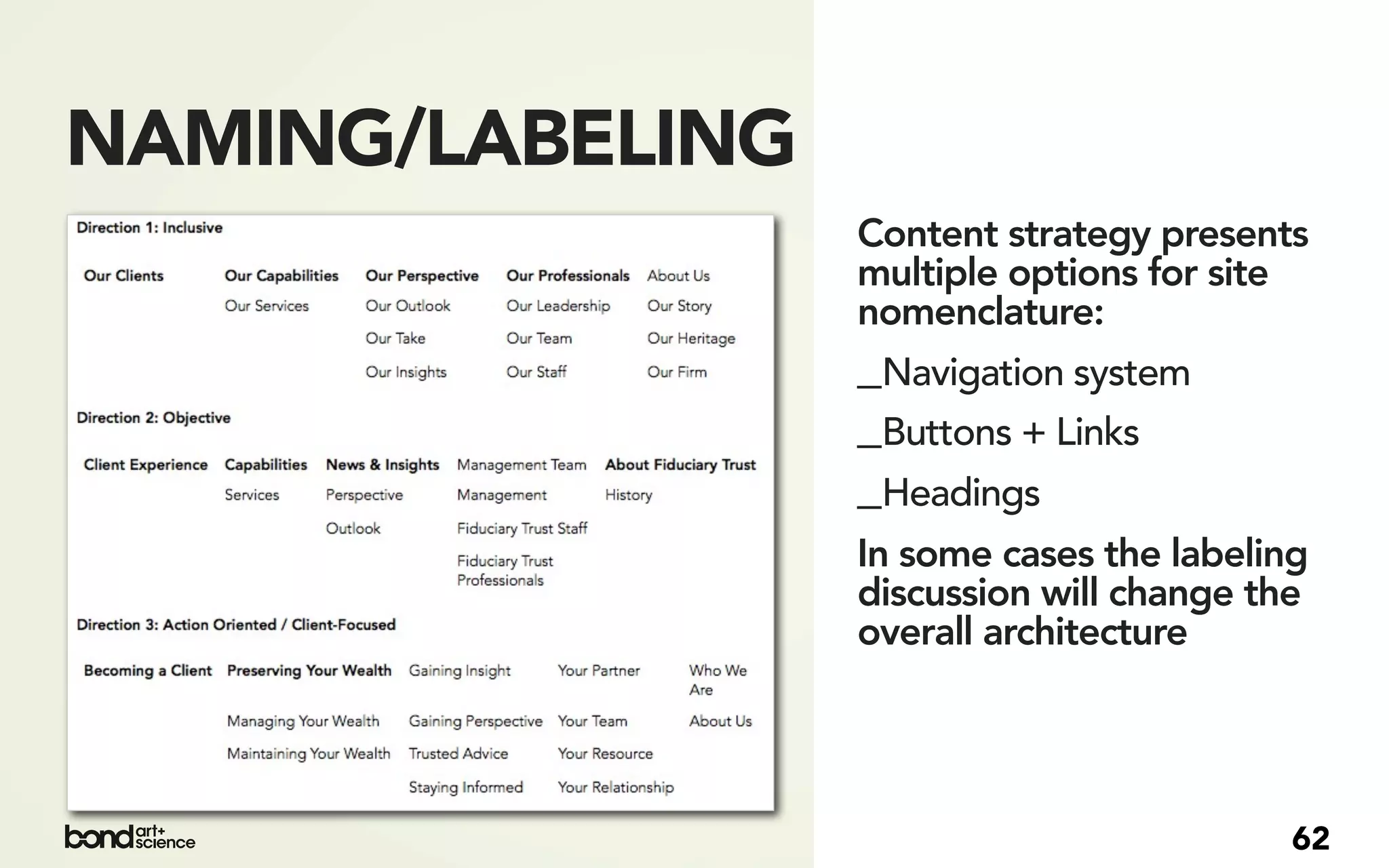 NAMING/LABELING
                  Content strategy presents
                  multiple options for site
                  nomenclature:
                  _Navigation system
                  _Buttons + Links
                  _Headings
                  In some cases the labeling
                  discussion will change the
                  overall architecture




                                           62
 