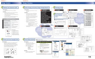 PHASE              1                                                                                      PHASE               2
Design Analysis                                                                                           Design Solutions


     TSDesign User Experience Audit                                                          SM
                                                                                                            Product Strategy and Product Design Strategy Blueprint*                                                                       Technology Audit
     description:
         •     an expert design analysis from the user’s perspective
                                                                                                            description:
                                                                                                                 •    define ‘what the product should be’ and ‘how it
                                                                                                                                                                                        1      understand                                 2       investigate                                                  3      define users                                     4      qualify features
                                                                                                                      should work’
     benefits:                                                                                                                                                                              corporate mission                                                                         persona                      user profiles                                           user, feature, objective matrix
         •     benchmarks the effectiveness of your site based upon stated                                  benefits:                                                                       core competencies
                                                                                                                 •    the achievement of clearly articulated, agreed-                                                                                                                                                   user profiles
               business objectives for the site and your users                                                                                                                              corporate goals
         •     analyzes the design of the site to find out if the benefits of use
                                                                                                                      upon and aligned mission, core competencies,
                                                                                                                                                                                            culture and values                            User Personae &
                                                                                                                      corporate goals, and objectives for the site
               are actually being delivered
                                                                                                                                                                                                                                          Proﬁling Module                                                                                               speculate &




                                                                                                                                                                                                                                                                                                + interviews
                                                                                                                                                                                                                                                                             SM
                                                                                                                                                                                            skills and methodologies
                                                                                                                 •    the articulation and understanding of your users,
         •     recommends methods for substantially improving your users
               experiences and meeting future business objectives
                                                                                                                      their needs and and your business objectives for
                                                                                                                                                                                            knowledge capital and experience              (UP&P)                                                                                                         innovate
                                                                                                                                                                                            people, processes & technology
                                                                                                                      establishing and extending relationships
                                                                                                                      with each one                                                         stakeholders and initiatives
                                                                                                                                                                                                                                                                                                                   Intentional User Experience table         •
                        TSDesign Analysis FrameworkSM
                                                                                                                 •    the definition of the organizational resources                        enterprise-wide challenges                        competitive and comparative analysis                                                                experience brief:
 1           Delivery of User Benefits            The intended value the organization
                                                                                                                      required to build and maintain the site                               Internet objectives                                                                                                                                      strategy story
                                                                                                                                                                                                                                                                                                                                                  and positioning
                                                  delivers to users and customers through its site.
                                                                                                                 •    the creation of a detailed blueprint for design or                    customers and users
                                                                                                                      redesign:
                                                  The sequence of questions, prompts, and results                          -    site organization (footprint)                               competitive landscape
 2           Transaction Flow                     that make up a task.                                                     -    useful and usable features and functions
                                                                                                                                for the users                                            * workbooks not shown
                                                  The degree to which a site affords the user to easily                    -    descriptions of intended functionality                                                     scope or
 3           Navigation & Hierarchy               navigate the environment and efficiently locate rele-
                                                                                                                           -    messaging strategy                                                                         rescope
                                                                                                                                                                                                                           relationship
                                                                                                                                                                                        5                                                                                                                      7
                                                  vant content.


                                                  The representation and support of the identity,
                                                                                                                 •    the receipt of a phased implementation plan with
                                                                                                                      associated costs                                                         innovate                                   6       refine                                                               describe
 4           Visual Language                      brand and information architecture through
                                                  visual elements and overall style.
                                                                                                                                                                                               new ideas                                      new footprint and reclustered content                                Product Strategy Blueprint/Functional Description
                                                                                                                                                                        existing
                                                  Audit comments:                                                                                                      and new
                                                  • Users arriving at the front page of the
                                                    site may not understand what information
                                                    is there for them.
                                                                                                                                                                     technology
                                                  • The names of the sections do not give
                                                    users a path to follow to find the informa-
                                                    tion they need.
                                                  • No specific path has been established for
                                                    each user type. Users must use their best
                                                    judgement to find the information they’re
                                                    looking for and often may not be successful.




     Identity and Visual Language Audit                                                                     Visual Identity Systems                                     visual language research



 description:                                                                                               description:
     •       By collecting and reviewing print, other tangible artifacts and                                 •       establish, with the client, a shared
             Web sites your company creates and disseminates, and                                                    understanding and common language for
             corporate standards (if they exist) we can then distill the basis                                       visual design and how it effectively
             for the visual language to be developed that is consistent with                                         communicates the brand
             the company's identity and product brands. This work is                                         •       define a visual language for the site
             continued in the Visual Systems Design phase.                                                                -    logo, logotype systems
                                                                                                                          -    typography
                                                                                                                          -    grid system
                                                                                                                          -    color palette
                                                                                                                          -    imagery style and usage

                                                                                                            beneﬁts:
                                                                                                             •       provides the visual language components
                                                                                                                     with which to build the interface




                                                                                                                                                                                                                                                                                                                                                                                             11
 