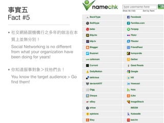 Fact #5

•


    Social Networking is no different
    from what your organization have
    been doing for years!


•
    You know the target audience > Go
    ﬁnd them!
 