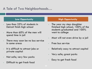 A Tale of Two Neighborhoods…

             Low Opportunity                            High Opportunity
•   Less than 25% of students in              •   The year my step daughter
    Detroit finish high school                    finished high school, 100% of the
                                                  students graduated and 100%
•   More than 60% of the men will                 went to college
    spend time in jail
                                              •   Most will not even drive by a jail
•   There may soon be no bus service
    in some areas                             •   Free bus service
•   It is difficult to attract jobs or        •   Relatively easy to attract capital
    private capital
                                              •   Very safe; great parks
•   Not safe; very few parks
                                              •   Easy to get fresh food
•   Difficult to get fresh food
                                         22
 