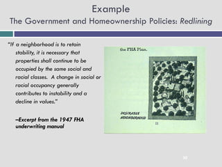Example
The Government and Homeownership Policies: Redlining

“If a neighborhood is to retain
    stability, it is necessary that
    properties shall continue to be
    occupied by the same social and
    racial classes. A change in social or
    racial occupancy generally
    contributes to instability and a
    decline in values.”

   –Excerpt from the 1947 FHA
   underwriting manual



                                               30
 