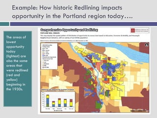 Example: How historic Redlining impacts
   opportunity in the Portland region today….

The areas of
lowest
opportunity
today
(lightest) are
also the same
areas that
were redlined
(red and
yellow)
beginning in
the 1930s.
 