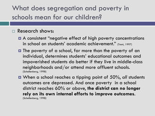 What does segregation and poverty in
schools mean for our children?
   Research shows:
     A consistent “negative effect of high poverty concentrations
      in school on students’ academic achievement.” (Trent, 1997)
     The poverty of a school, far more than the poverty of an
      individual, determines students’ educational outcomes and
      impoverished students do better if they live in middle-class
      neighborhoods and/or attend more affluent schools.
        (Schellenberg, 1998)

       When a school reaches a tipping point of 50%, all students
        outcomes are depressed. And once poverty in a school
        district reaches 60% or above, the district can no longer
        rely on its own internal efforts to improve outcomes.
        (Schellenberg, 1998)
 