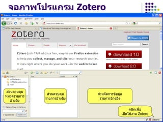 จอภาพโปรแกรม Zotero




 ส$วนควบคม
              ส$วนควบคม    ส$วนจดการขอมล
หมวดรายการ
             รายการอางอง    รายการอางอง
    อางอง

                                            คลกเพLอ
                                                  H
                                       เป‡ดใชงาน Zotero
 