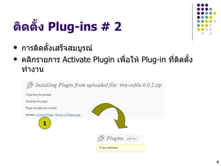 ตดต"ง Plug-ins # 2
    #
   การตดต`งเสรgจสมบรณ
   คลกรายการ Activate Plugin เพLHอให Plug-in ทHตดต`ง
    ท!างาน




          1




                                                        6
 