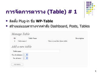 การจ"ดการตาราง (Table) # 1
   ตดต`ง Plug-in ชLHอ WP-Table
   สรางแม$แบบตารางจากค!าสHง Dashboard, Posts, Tables




                                                        9
 