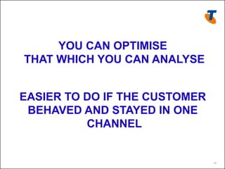 YOU CAN OPTIMISE
THAT WHICH YOU CAN ANALYSE


EASIER TO DO IF THE CUSTOMER
 BEHAVED AND STAYED IN ONE
          CHANNEL


                               10
 