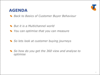AGENDA
!   Back to Basics of Customer Buyer Behaviour


!   But it is a Multichannel world
!   You can optimise that you can measure


!   So lets look at customer buying journeys


!   So how do you get the 360 view and analyse to
    optimise




                                                    2
 