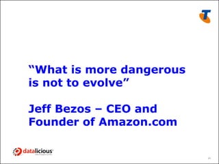 “What is more dangerous
is not to evolve”

Jeff Bezos – CEO and
Founder of Amazon.com


                          24
 