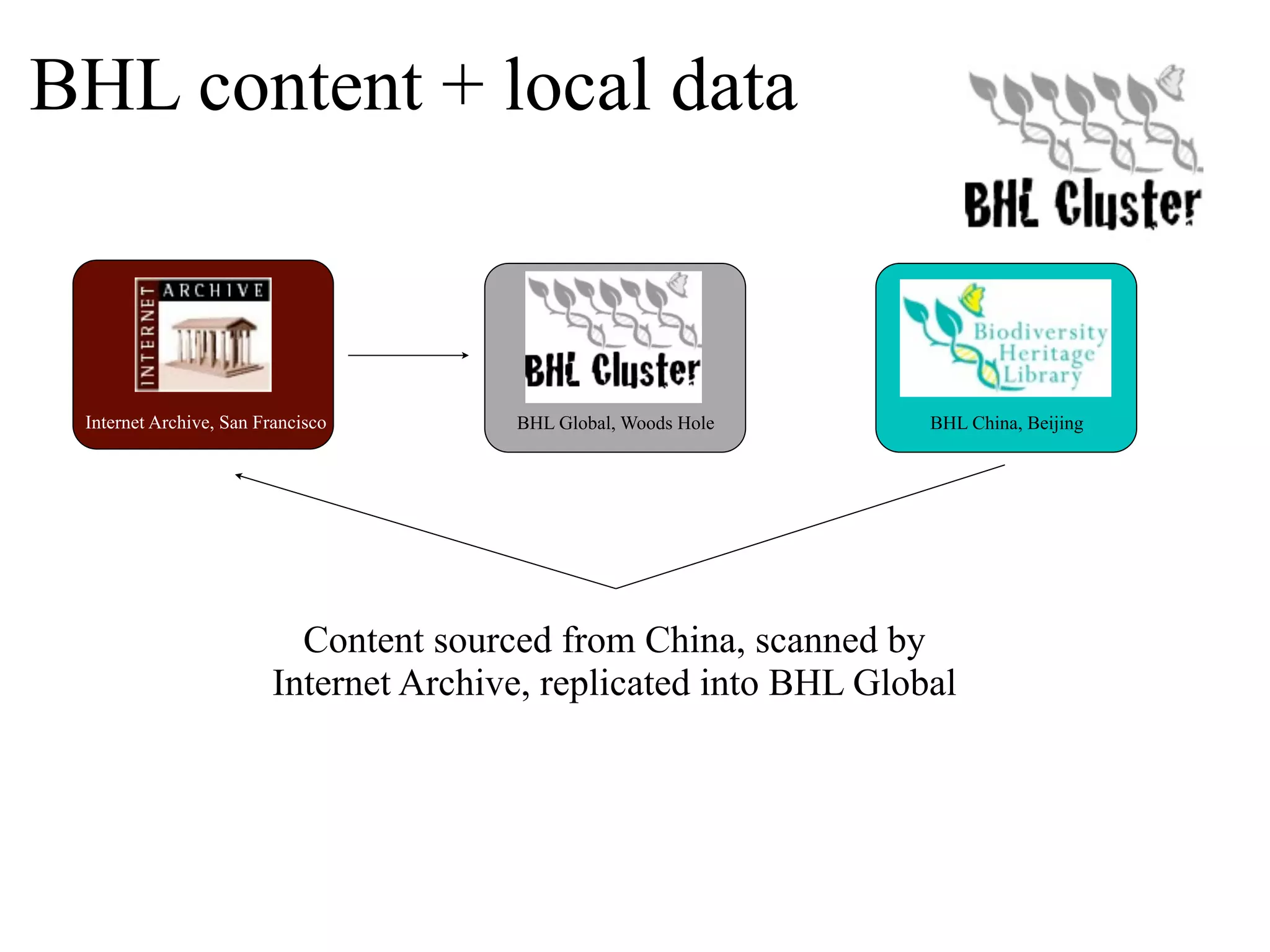 BHL content + local data Internet Archive, San Francisco BHL Global, Woods Hole BHL China, Beijing Content sourced from China, scanned by Internet Archive, replicated into BHL Global 