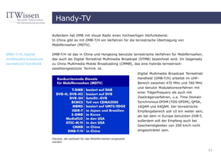 Handy-TV

                       Außerdem hat DMB mit Visual Radio einen hochwertigen Hörfunkdienst.
                       In China gibt es mit DMB-T/H ein Verfahren für die terrestrische Übertragung von
                       Mobilfernsehen (MDTV).


DMB-T/H, digital       DMB-T/H ist das in China und Hongkong benutzte terrestrische Verfahren für Mobilfernsehen,
multimedia broadcast   das auch als Digital Terrestrial Multimedia Broadcast (DTMB) bezeichnet wird. Im Gegensatz
terrestrial/handheld   zu China Multimedia Mobile Broadcasting (CMMB), das eine hybride terrestrisch-
                       satellitengestützte Technik ist.
                                                                                 Digital Multimedia Broadcast Terrestrial/
                                                                                 Handheld (DMB-T/H) arbeitet im UHF-
                                                                                 Bereich zwischen 470 MHz und 760 MHz
                                                                                 und benutzt Modulationsverfahren mit
                                                                                 einer Trägerfrequenz als auch mit
                                                                                 Zweiträgerverfahren, u.a. Time Domain
                                                                                 Synchronous OFDM (TDS-OFDM), QPSK,
                                                                                 16QAM und 64QAM. Der terrestrische
                                                                                 Empfangsbereich soll 10 km weiter sein,
                                                                                 als bei dem in Europa benutzten DVB-T,
                                                                                 außerdem soll der Empfang auch bei
                                                                                 Geschwindigkeiten von 200 km/h nicht
                                                                                 eingeschränkt sein.

                       Dienste, die weltweit für das Mobilfernsehen eingesetzt
                       werden


                                                                                                                             11
 