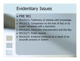 Evidentiary Issues
n  FRE 901
n  901(b)(1). Testimony of witness with knowledge.
n  901(b)(3). Comparison by the trier of fact or by
    expert witnesses with a specimen.
n  901(b)(4). Distinctive characteristics and the like.
n  901(b)(7). Public records.
n  901(b)(9). Evidence produced as a result of an
    accurate process or system.
 