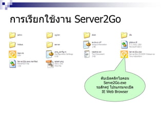 การเรียกใช้งาน Server2Go
ดับเบิลคลิกไอคอน
Serve2Go.exe
รอสักครู่ โปรแกรมจะเปิด
IE Web Browser
 