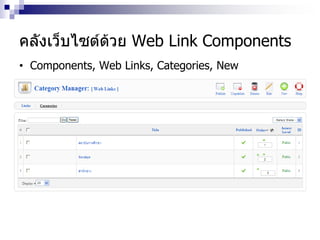 คลังเว็บไซต์ด้วย Web Link Components
• Components, Web Links, Categories, New
 
