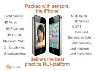..and movement2 loudspeakers
HD Video
Front camera
5MP camera
UMTS / 3G
Bluetooth, WiFi
2 microphones
HD Screen
Multi Touch
A-GPS
Compass
Sensors for light
..and proximity
..and moisture
Packed with sensors,
the iPhone
…
…
defines the best
practice NUI-platform
 